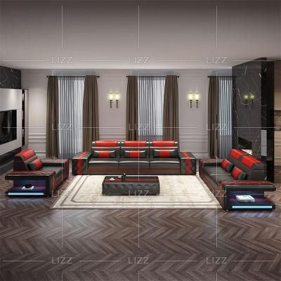 European Modern Genuine Leather Functional Home Office Sofa Set with LED Lights Leisure Living Room Furniture