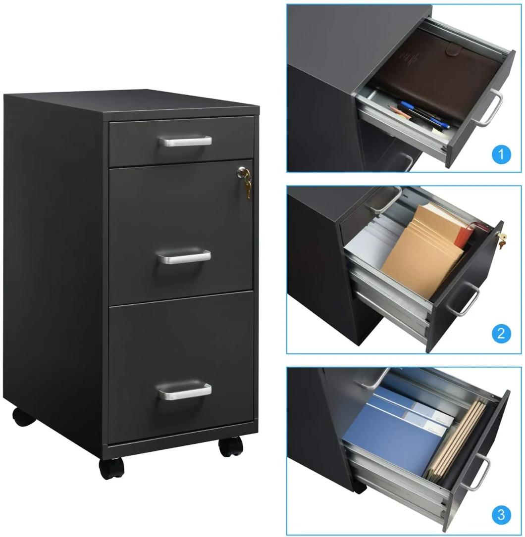 3 Drawer Mobile Cabinet, Deep Metal Filing Cabinet with Lock, Made by Thick Metal Materials with Smooth Casters
