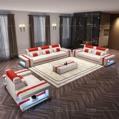 Chinese Modern Home Furniture Set Living Room Genuine Leather LED 1+2+3 Sofa Set