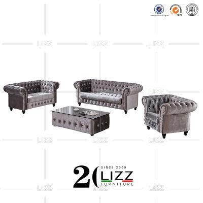European Chesterfield Velvet Fabric Sofa Leisure Couch for Home Hotel Commercial