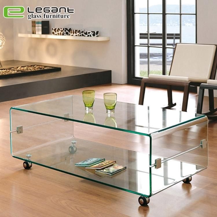 Modern Hot-Bending Glass Coffee Table with Movable Wagon Wheel