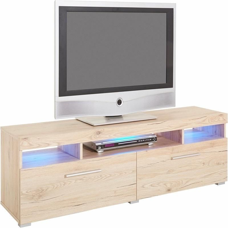 Custom Modern LED Light Brown Wood TV Stand with 2 Large Cabinets