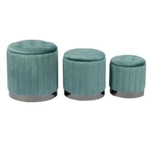 Knobby S/3 Cyan Velvet Stool Round Storage Ottoman Pouf for Living Room