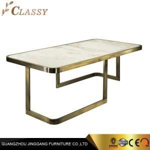 Modern Rectangle White Marble Coffee Table with Mirror Golden Metal Frame