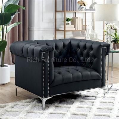 America Antique Living Room Black Leather One Seat Couch Chesterfield Single Sofa