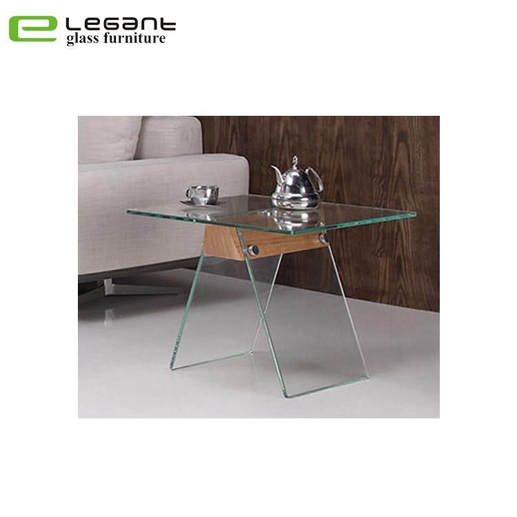 Clear Glass End Table with Solid Wood