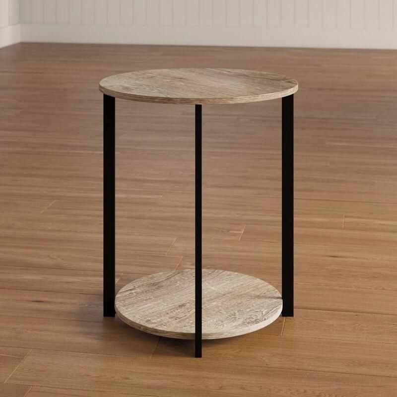 Distressed Gray/Black Modern Round Accent Coffee Tables with Metal Base for Living Room