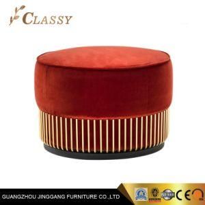 Metal Element in Polished Gold Finishing Red Velvet Round Ottoman for Room Furniture