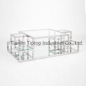 Stainless Steel Frame Two Shelves Clear Glass Top Golden Frame Coffee Table