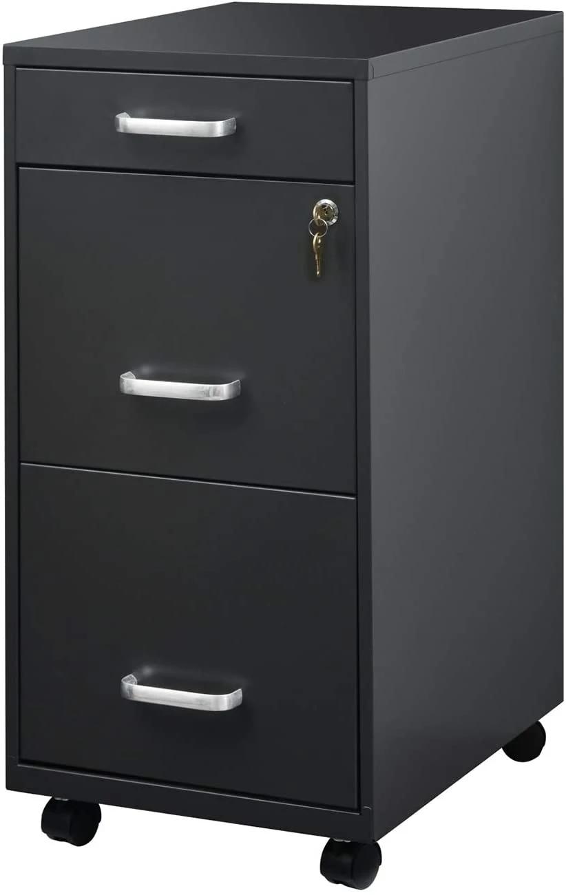 3 Drawer Mobile Cabinet, Deep Metal Filing Cabinet with Lock, Made by Thick Metal Materials with Smooth Casters