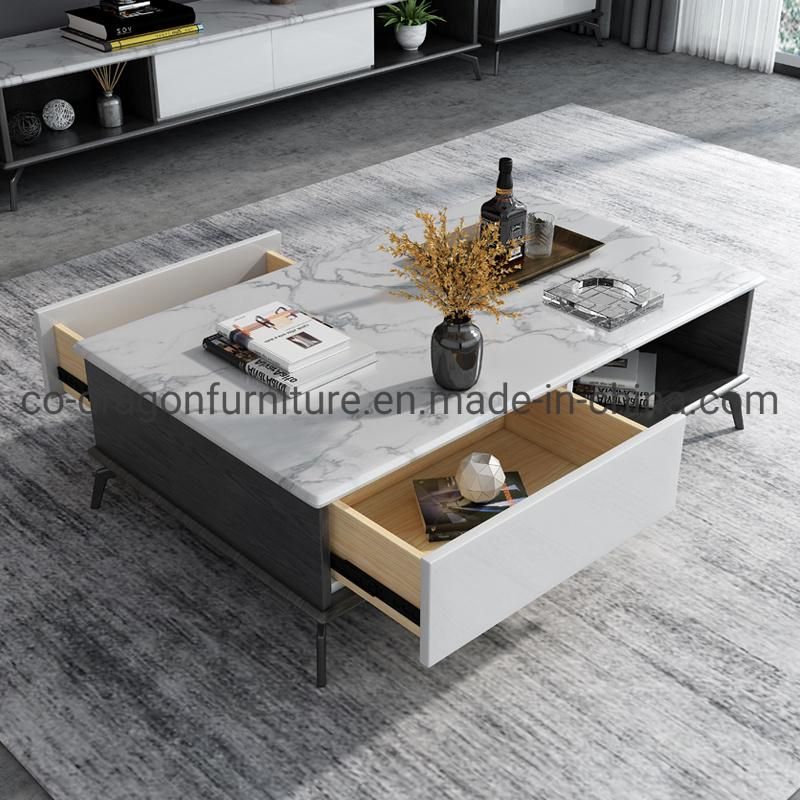 Modern Home Furniture Wooden Plate Coffee Table with Marble Top