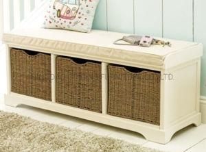 A5741 Long Wooden Shoes Changing Stool with Woven Storage Baskets