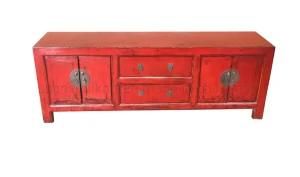 Antique Chinese Furniture Handpainted Red Lacquer TV Unit Media Storage