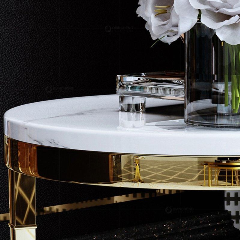 Golden Luxury Modern Wood Marble Top Round Night Table