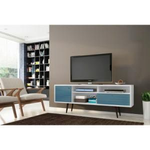 Blue Free Standing TV Stand for Living Room and Bedroom Use with 4 Shelving Spaces and 1 Drawer with Solid Wood Legs