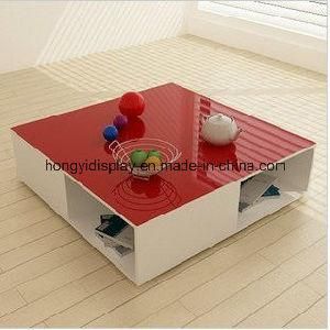 Wooden Tea Table with Red Color Liquid Painting, Coffee Table