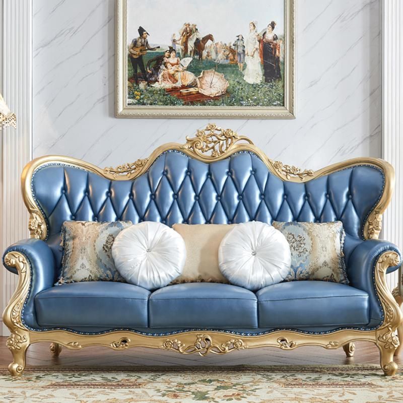 Wood Carved Luxury Leather Sofa for Living Room Furniture