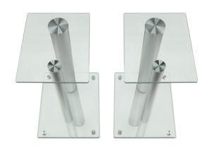 2 Satellite Speaker Stands for Surround Sound Home Theaters, Glass and Aluminum, Clear and Silver