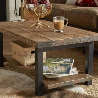 Natural Wood Brown Coffee Table Furniture with Storage Shelf and Metal Frame for Living Room