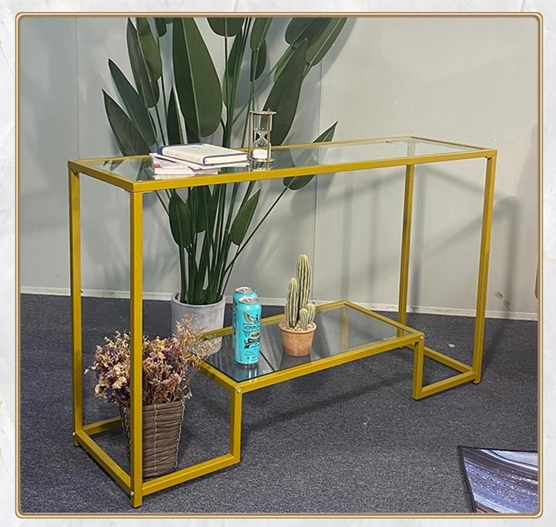 Customized Load-Bearing Double-Layer Glass and Metal Side Table 0296