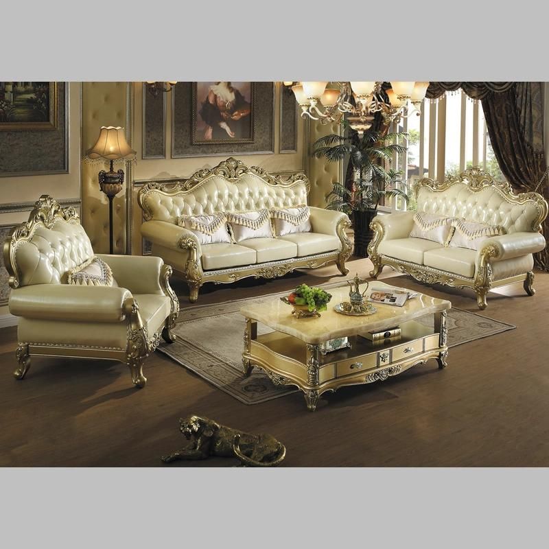 Wood Carved Classic Leather Sofa in Optional Sofas Seats and Couch Furniture Color