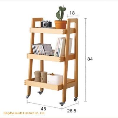Movable solid beech bedside shelf, mobile cart, side table