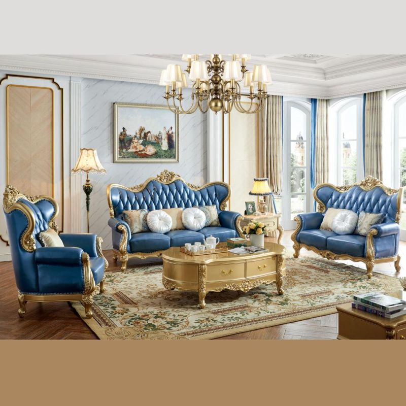 Wood Carved Luxury Leather Sofa for Living Room Furniture
