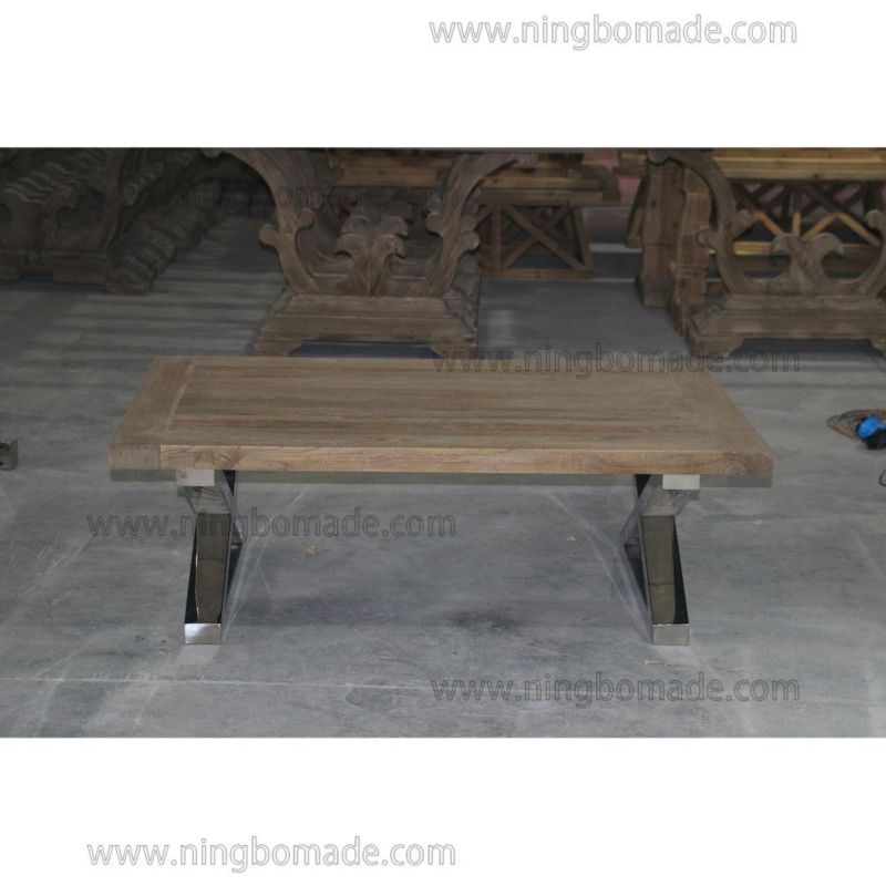 Classic Chic Eco-Friendly Paint Furniture Natural Reclaimed Elm Top Shining Stainless Steel Base Coffee Table