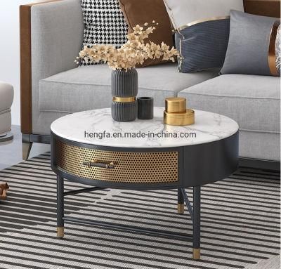 Modern Luxury Tea Table Furniture with Handle Drawer Metal Frame Marble Side Table