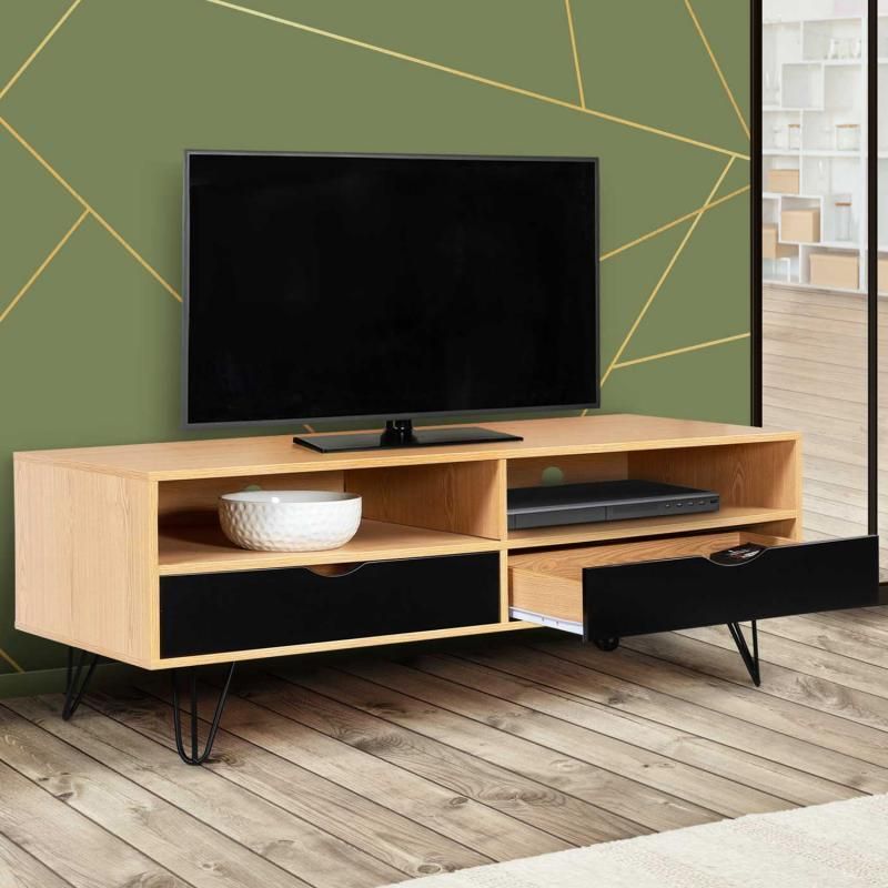 Simple Vintage TV Cabinet with Metal Feet and Wooden Drawers 0381