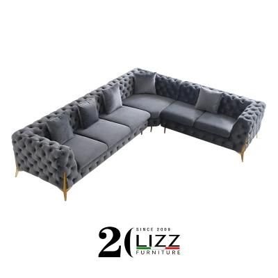 Luxury Tufted Designer Furniture Velvet Fabric Corner Sectional Sofa Set
