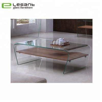 Clear Bent Glass Coffee Table with Wood Veneer Shelf