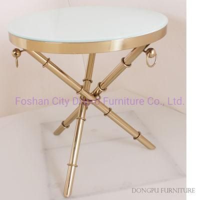 Antique Chinese Style Golden Round End Table with Glass Top