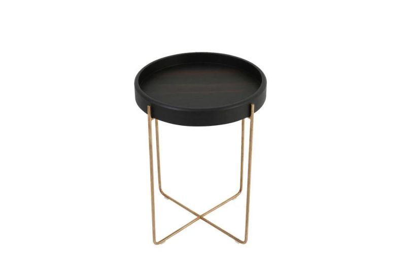 Contemporary Simple Style Home Furniture Movable Gold Color X-Stainless Steel Base Wooden Tray Top Side Table