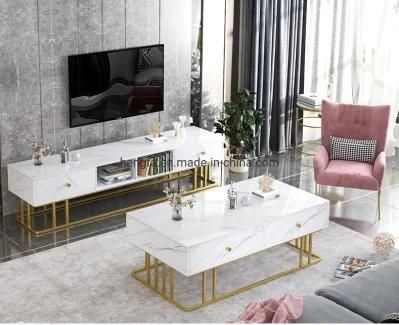Luxury Living Room Tea Table Combination Modern Golden Metal Frame Marble Cabinet TV Stand