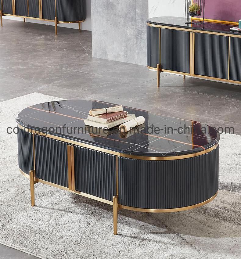 Modern Luxury Furniture Oval Wooden Coffee Table with Marble Top