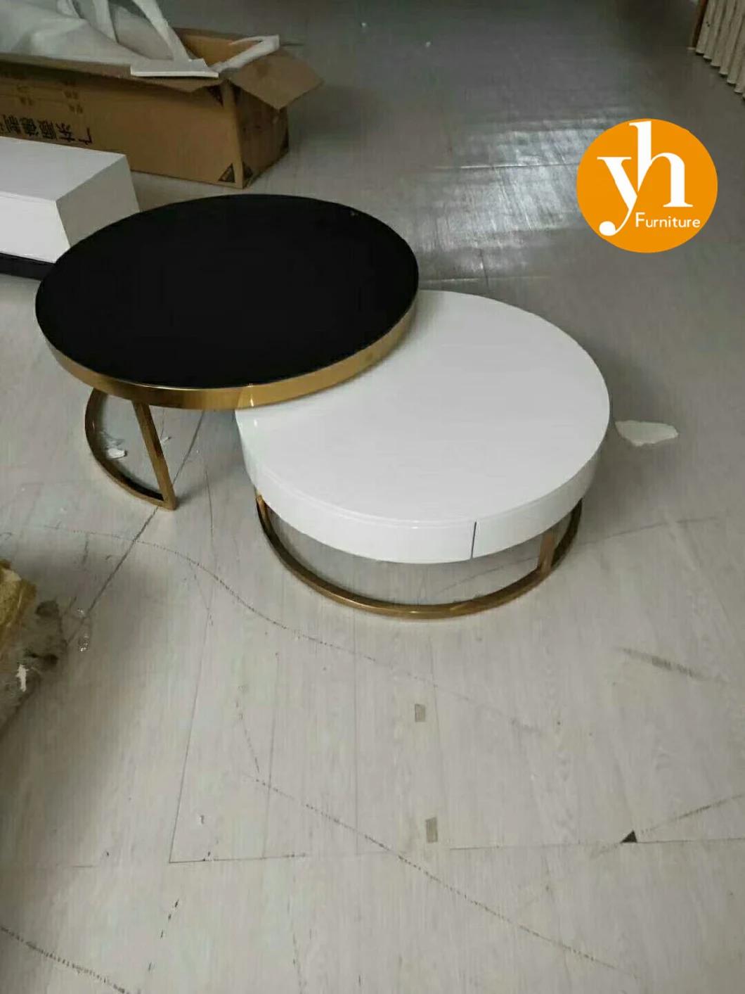 White Gold Wedding Coffee Table Luxury Modern Round Marble Brass Metal Base