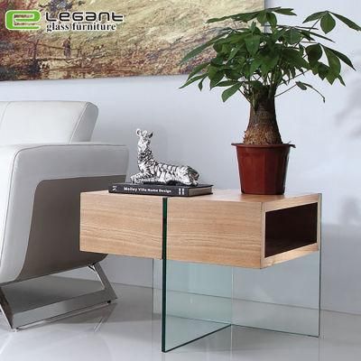 MDF Ash Wood Veneer Glass Side Table