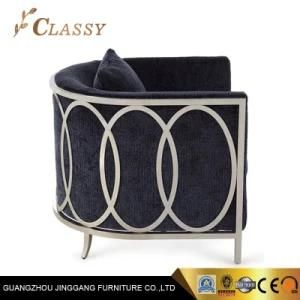 Laser Cut Steel Frame Armchair with Polished Stainless Steel Base and Blue Velvet Fabric