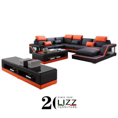 High Quality Modern Living Room Furniture Genuine Leather Couch LED Sectional Sofa
