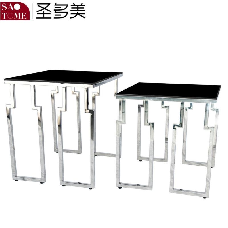 Living Room Furniture Stainless Steel Black Glass Nest Table