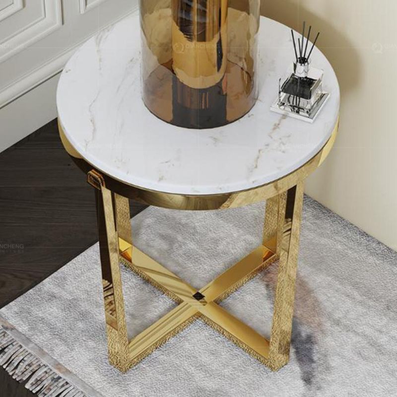 White Marble Top Gold Stainless Steel Modern Sidetable