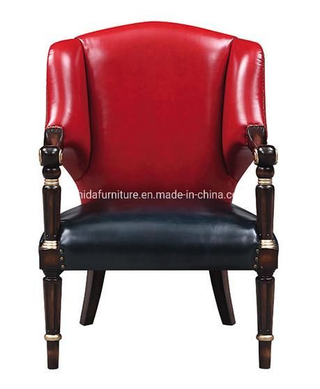 Genuine Leather Red Black Wooden Carved Armrest Chair