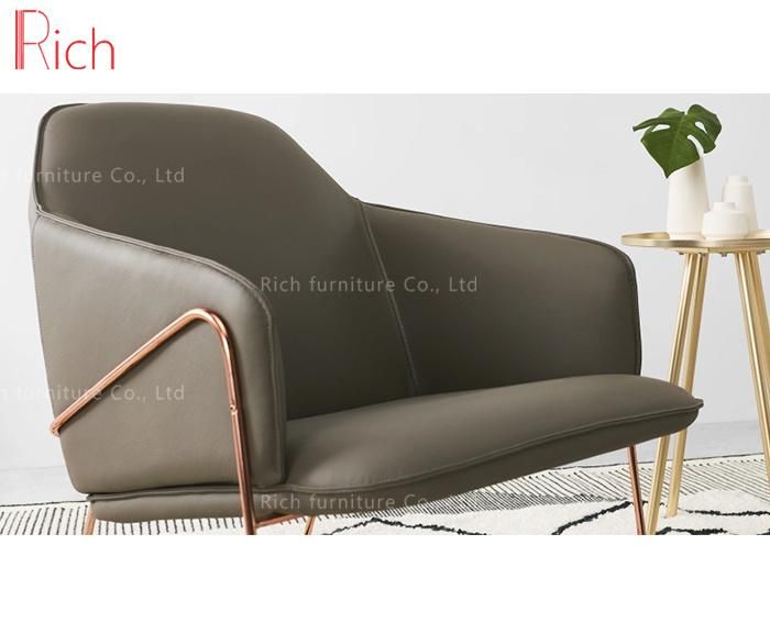 Living Room Furniture Grey Genuine Leather Metal Frame Armchair