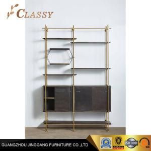 Oak Living Room Side Shelf in Polished Stainless Steel Base for Office
