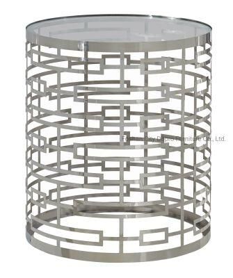 Silver Laser Cutout Pattern Stainless Steel Side Table with Glass Top Fa13
