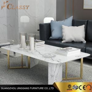 Nordic Rectangular White Artificial Marble Coffee Table with Stainless Steel Base in Gold