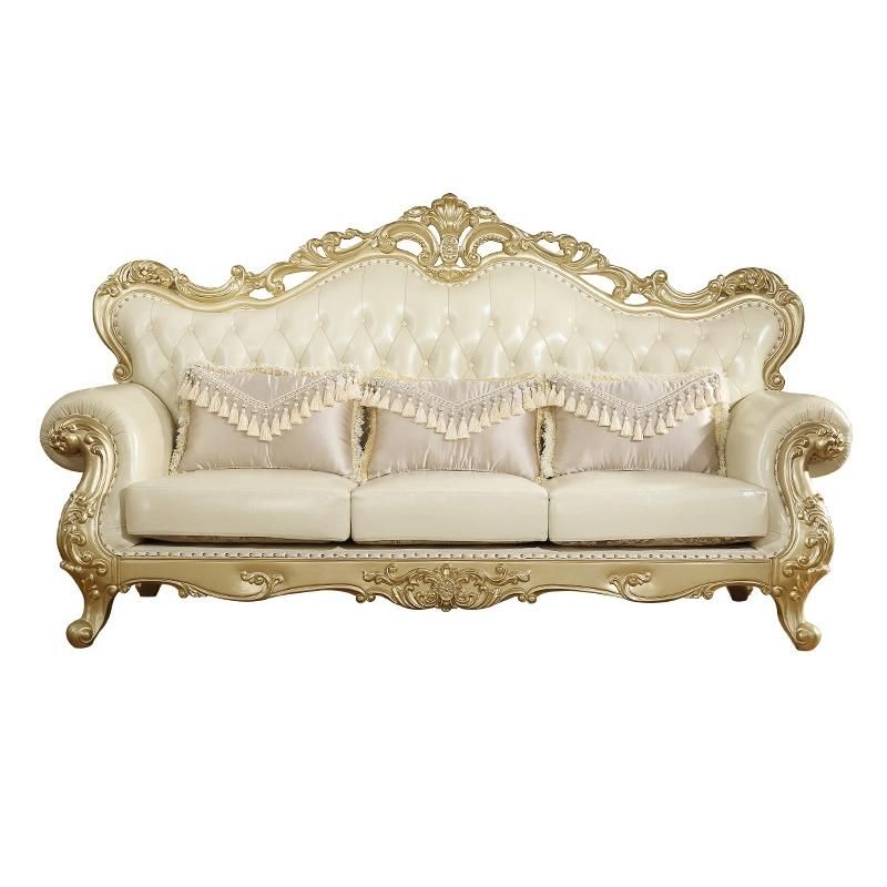 Wood Carved Classic Leather Sofa in Optional Sofas Seats and Couch Furniture Color