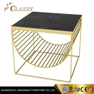 Square Marble Table in Golden Stainless Steel Frame with Magazine Shelf