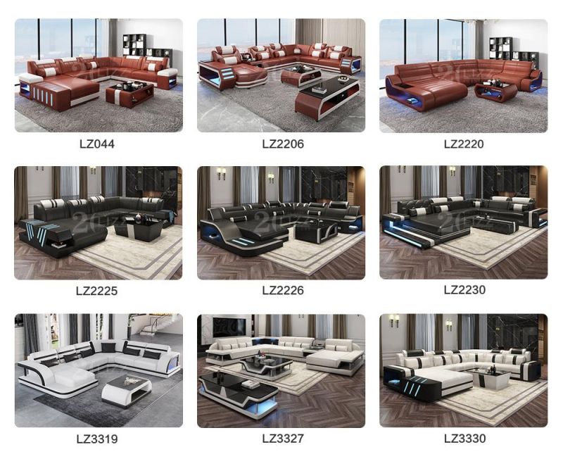 High Quality Modern Living Room Furniture Sectional Leather Sofa Set with LED Light